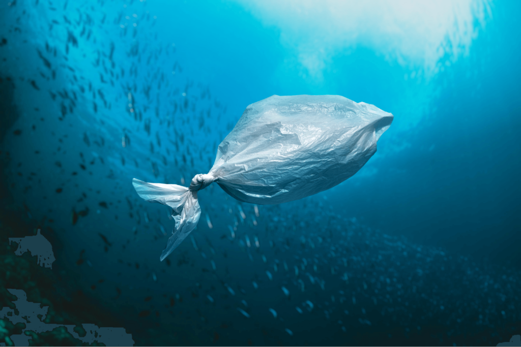Plastiktüte, die wie ein Fisch aussieht, treibt im Ozean und symbolisiert die Bedrohung der Meeresverschmutzung durch Kunststoffe.